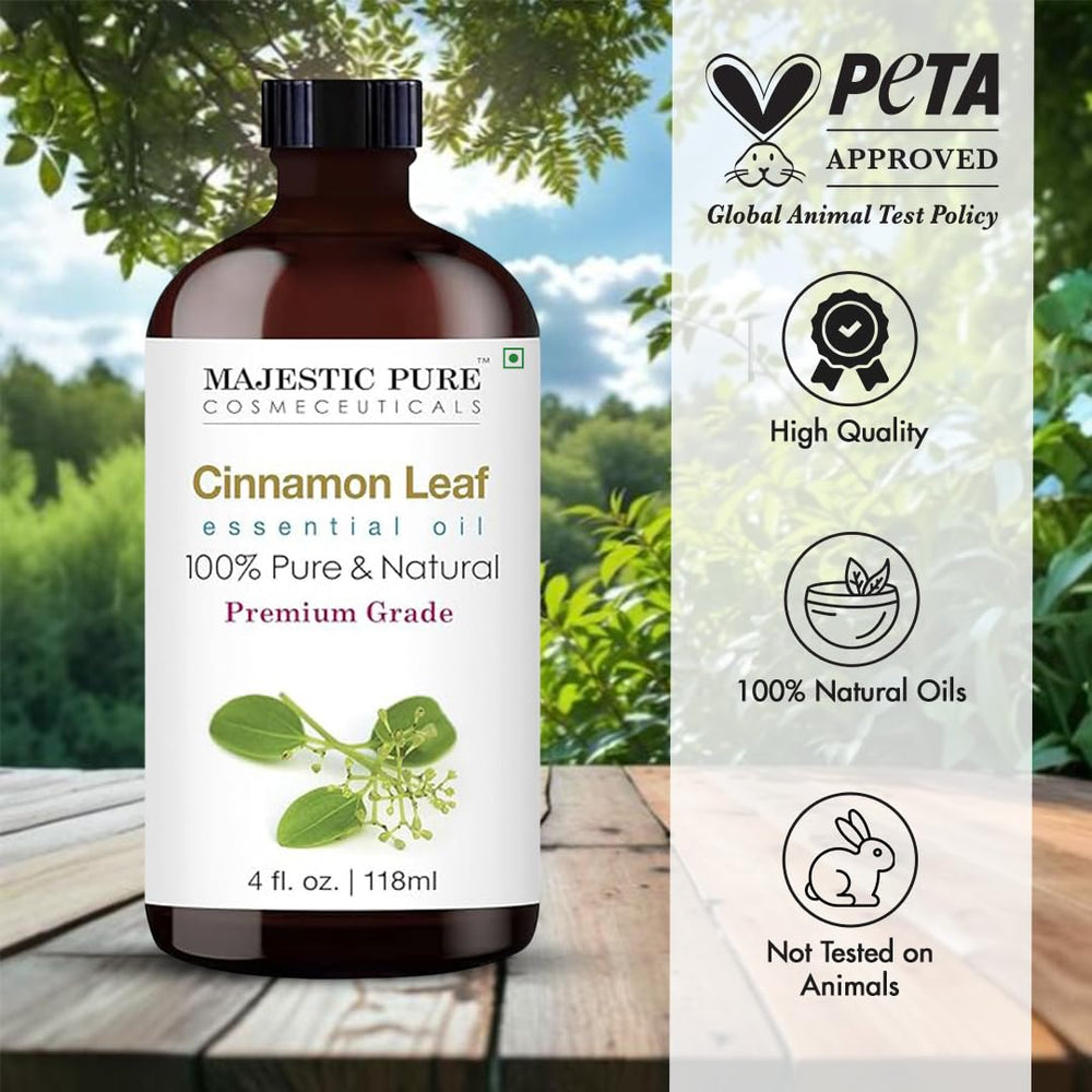Majestic Pure primer plano del líquido y textura del aceite de canela, muestra calidad