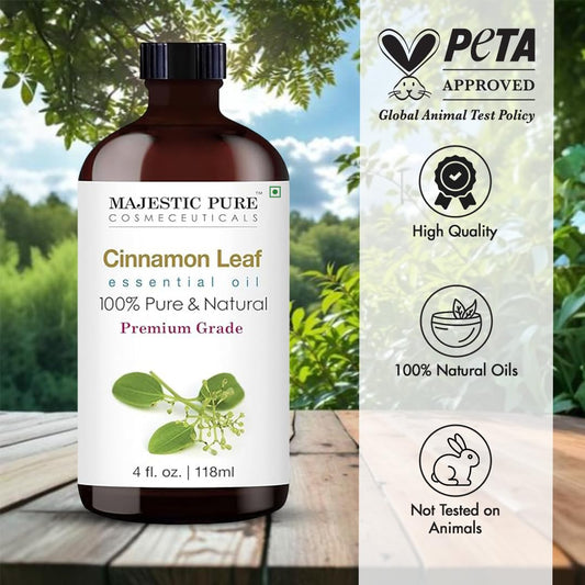Majestic Pure primer plano del líquido y textura del aceite de canela, muestra calidad