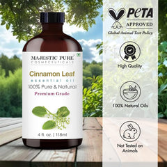 Majestic Pure primer plano del líquido y textura del aceite de canela, muestra calidad
