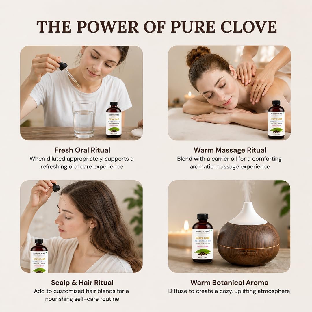 Majestic Pure aceite de clavo vertiéndose en un difusor para crear ambiente cálido
