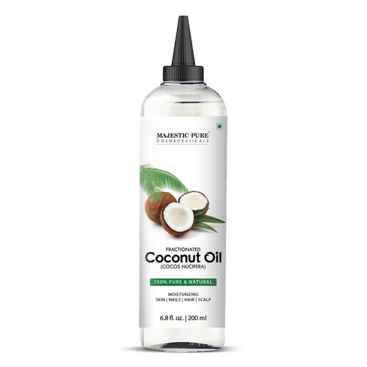 Majestic Pure frasco frontal mostrando aceite puro y beneficios de hidratación