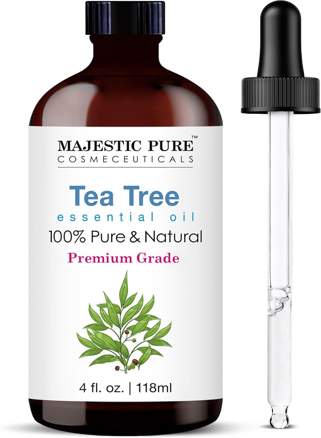 Majestic Pure envase frontal árbol de té mostrando volumen 4 fl oz y pureza