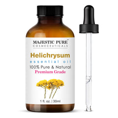 Majestic Pure botella frontal mostrando aceite Helichrysum, claridad y pureza