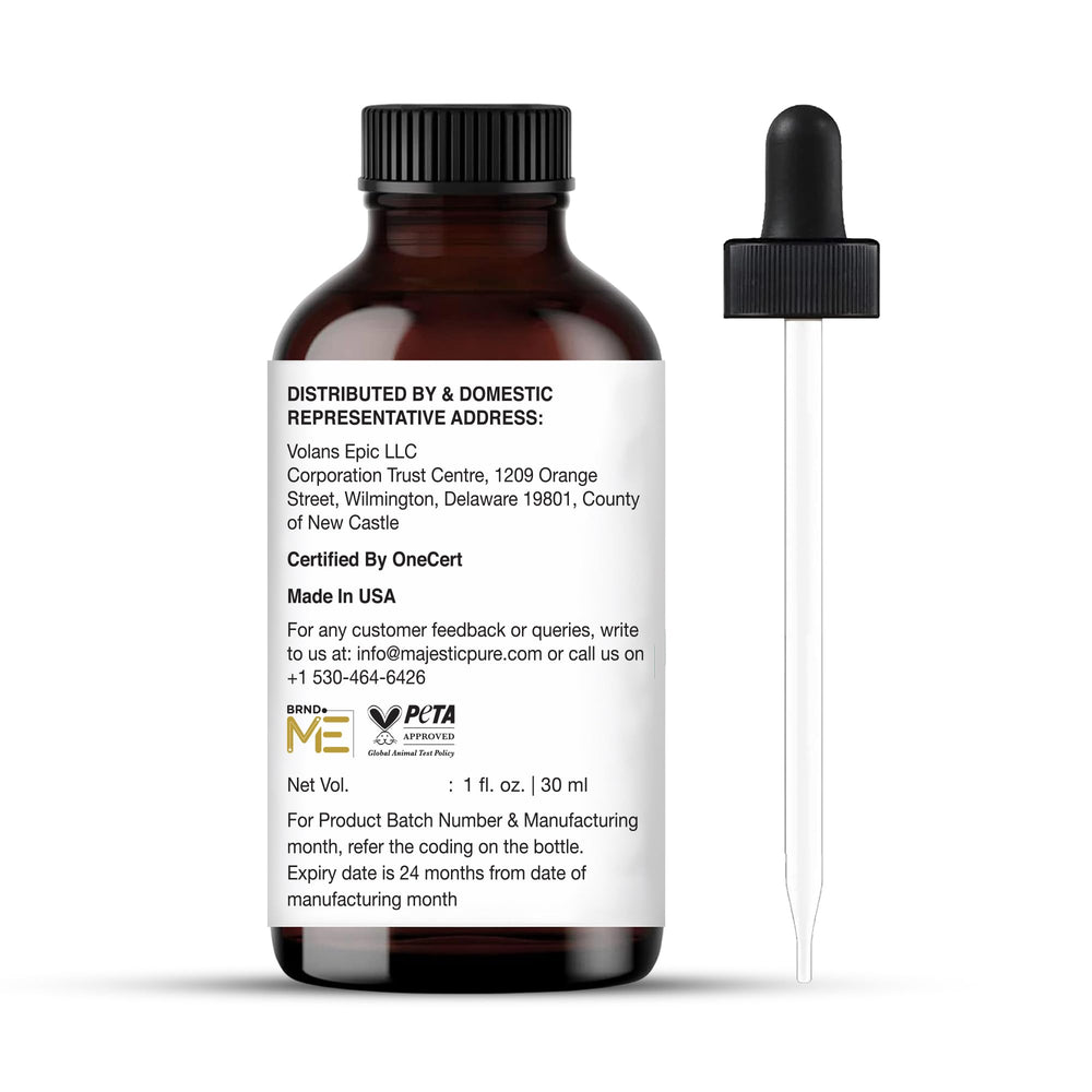 Majestic Pure etiqueta del aceite de incienso con lista de ingredientes y calidad