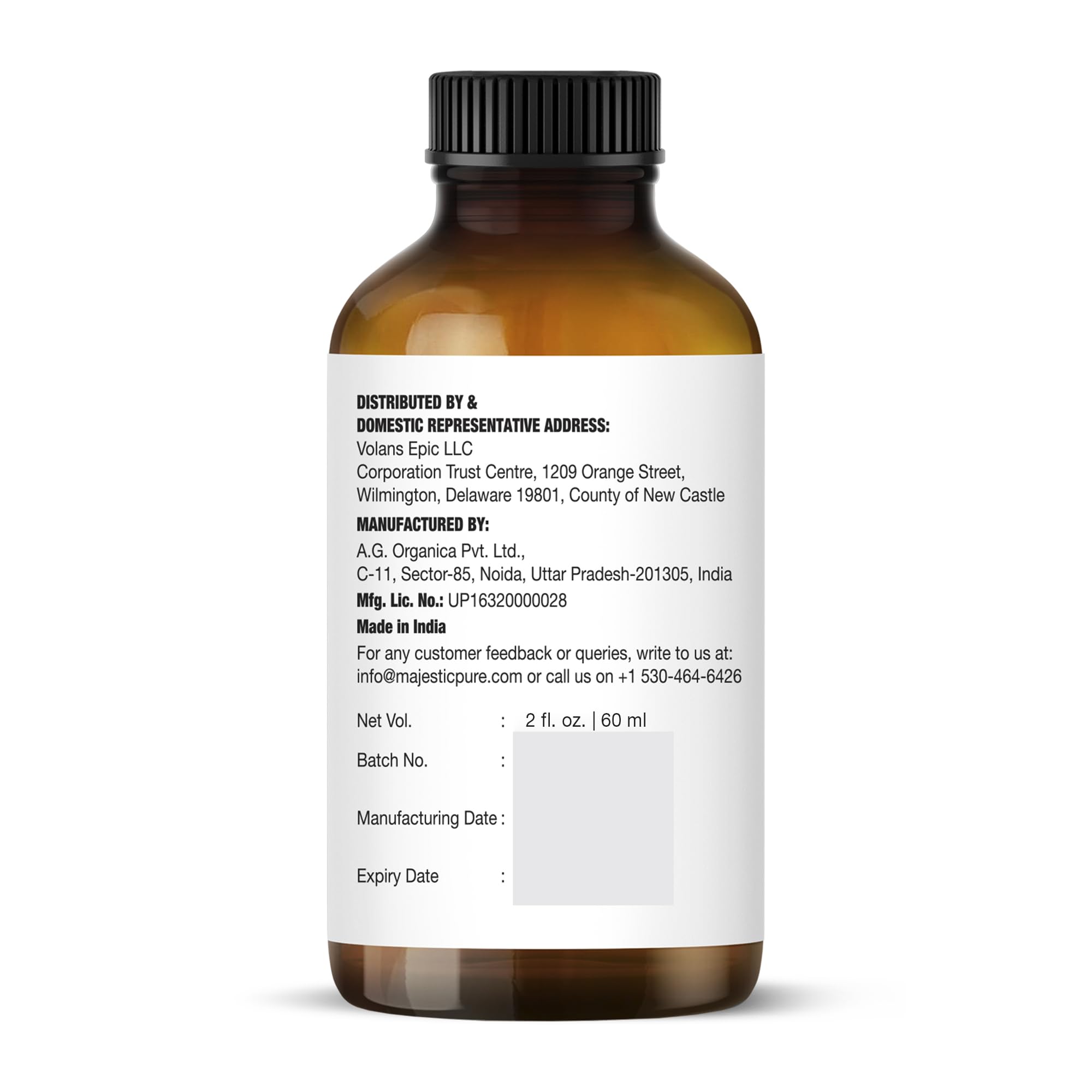 Majestic Pure etiqueta con lista de ingredientes y certificación de laboratorio