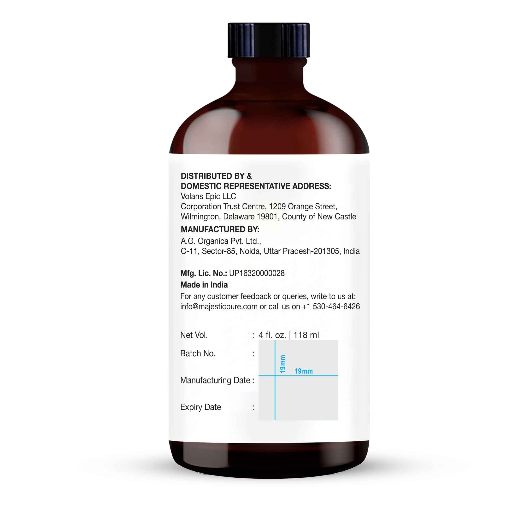 Majestic Pure frasco junto a una regla para comparar tamaño 118 ml