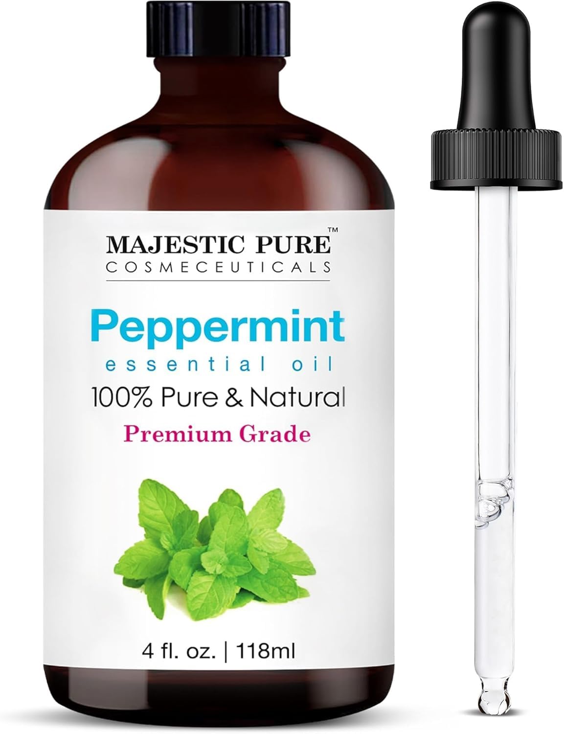 Majestic Pure botella frontal mostrando aceite de menta y beneficio aroma fresco