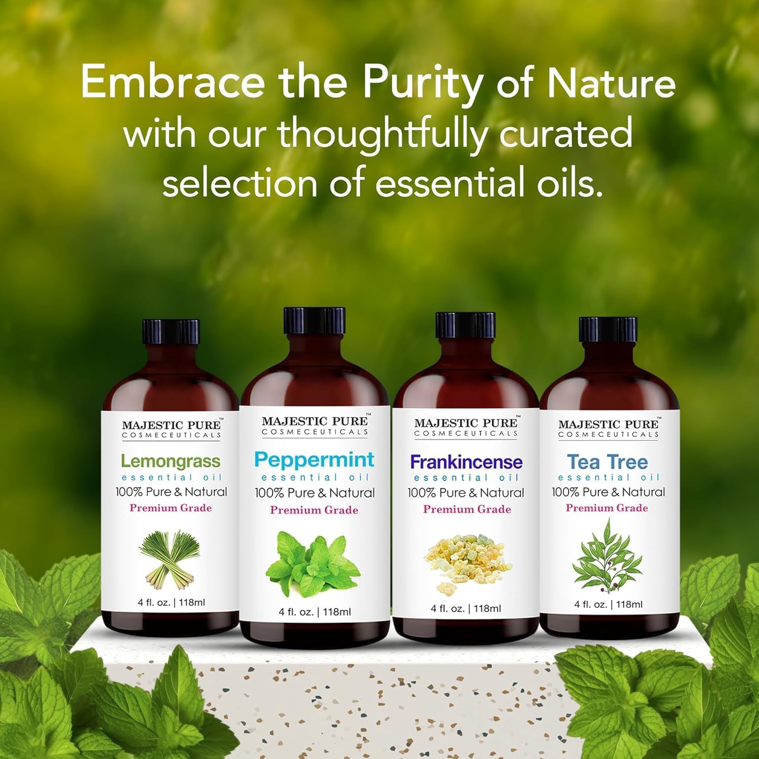 Majestic Pure hojas de menta e ingredientes naturales mostrando origen