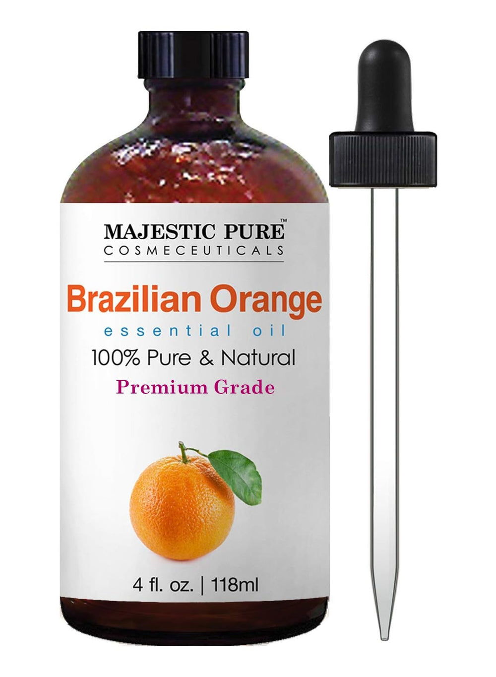 Majestic Pure botella frontal ámbar mostrando aceite cítrico