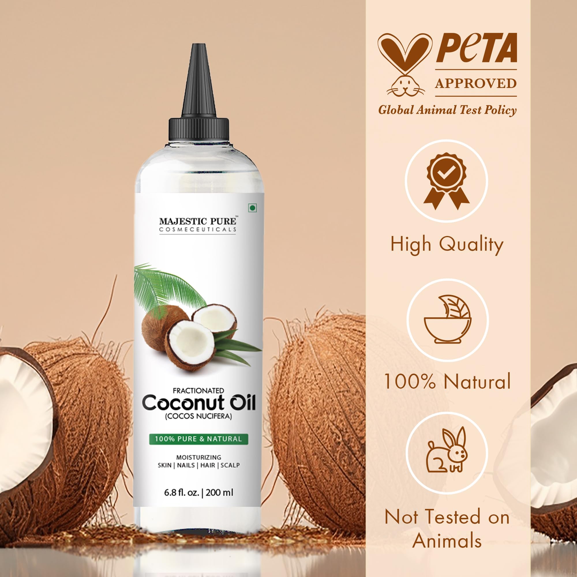 Majestic Pure comparado con mano que muestra tamaño práctico de 200 ml