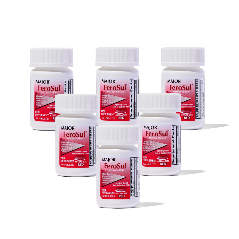 Major Ferosul tabletas rojas de 325 mg para aporte diario de hierro.