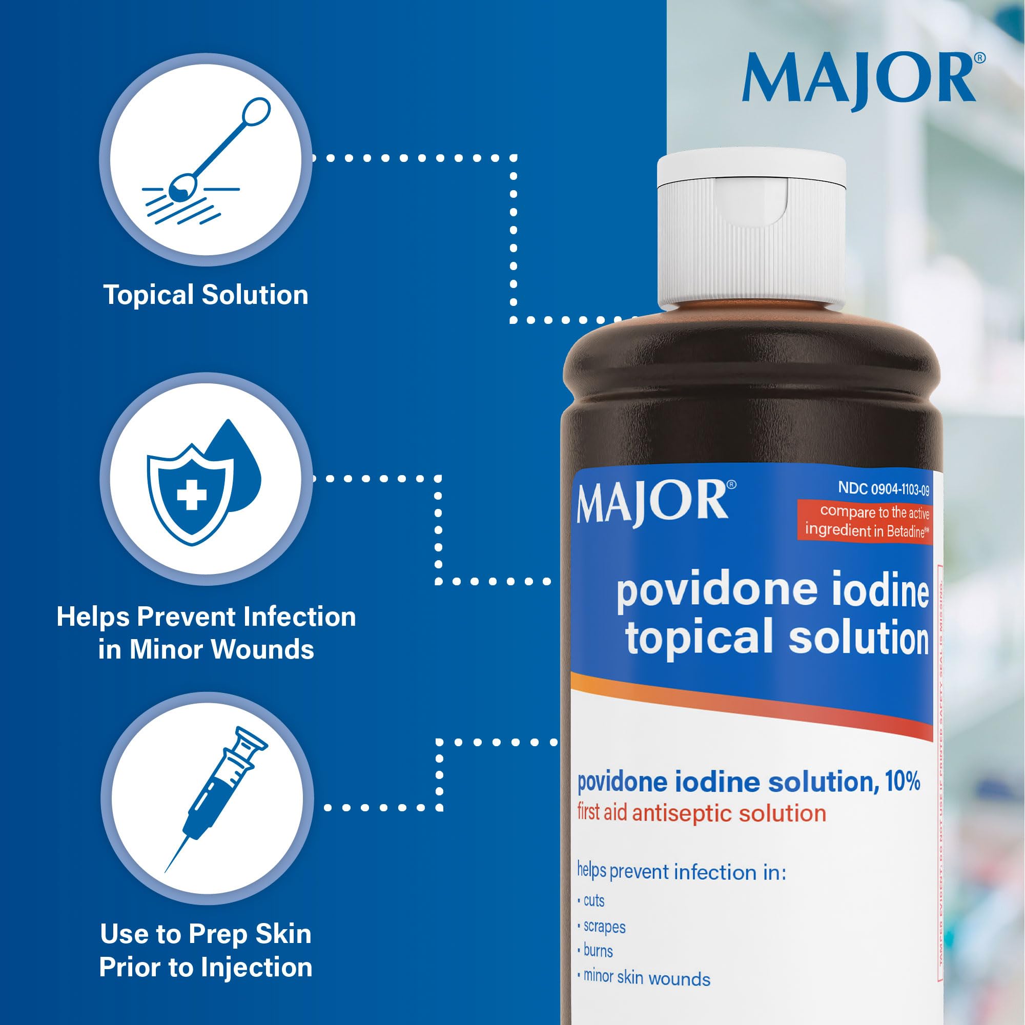 MAJOR frasco junto a una mano para comparar tamaño y control de dosis