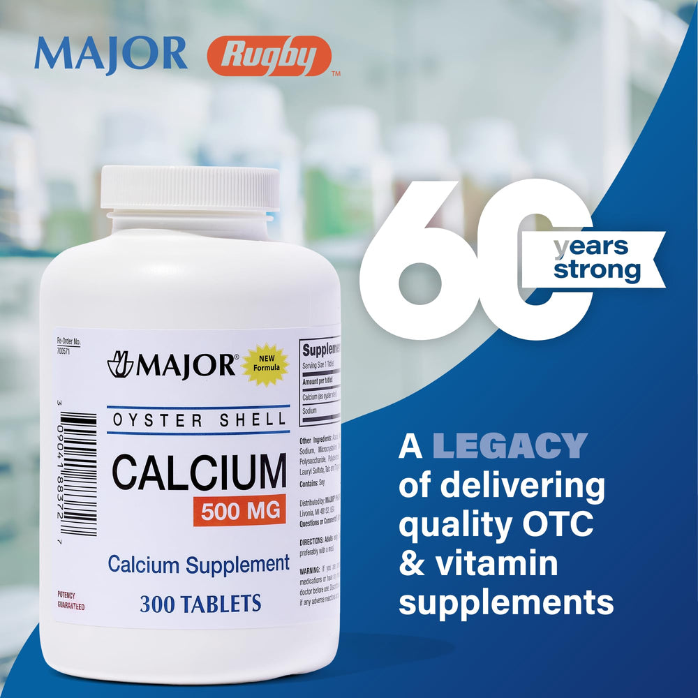 Etiqueta informativa MAJOR Oyster Shell Calcium centrada en ingredientes, dosis y advertencias claras
