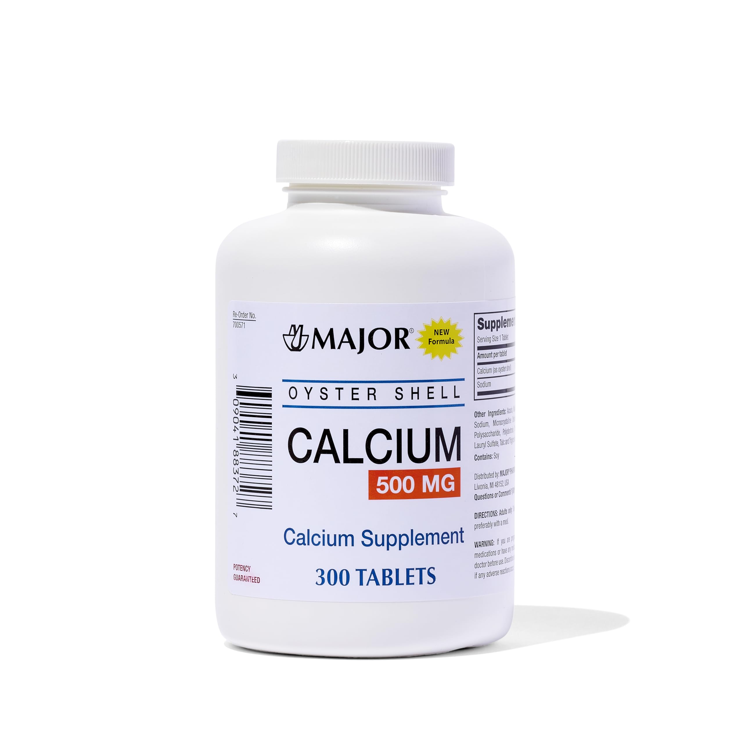 MAJOR envase frontal de Oyster Shell Calcium 500 mg mostrando 300 comprimidos y beneficios de almacenamiento