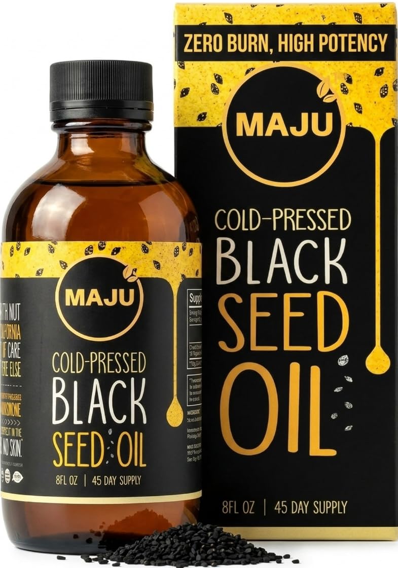 Maju botella frontal de aceite de comino negro, presentación limpia y vidrio