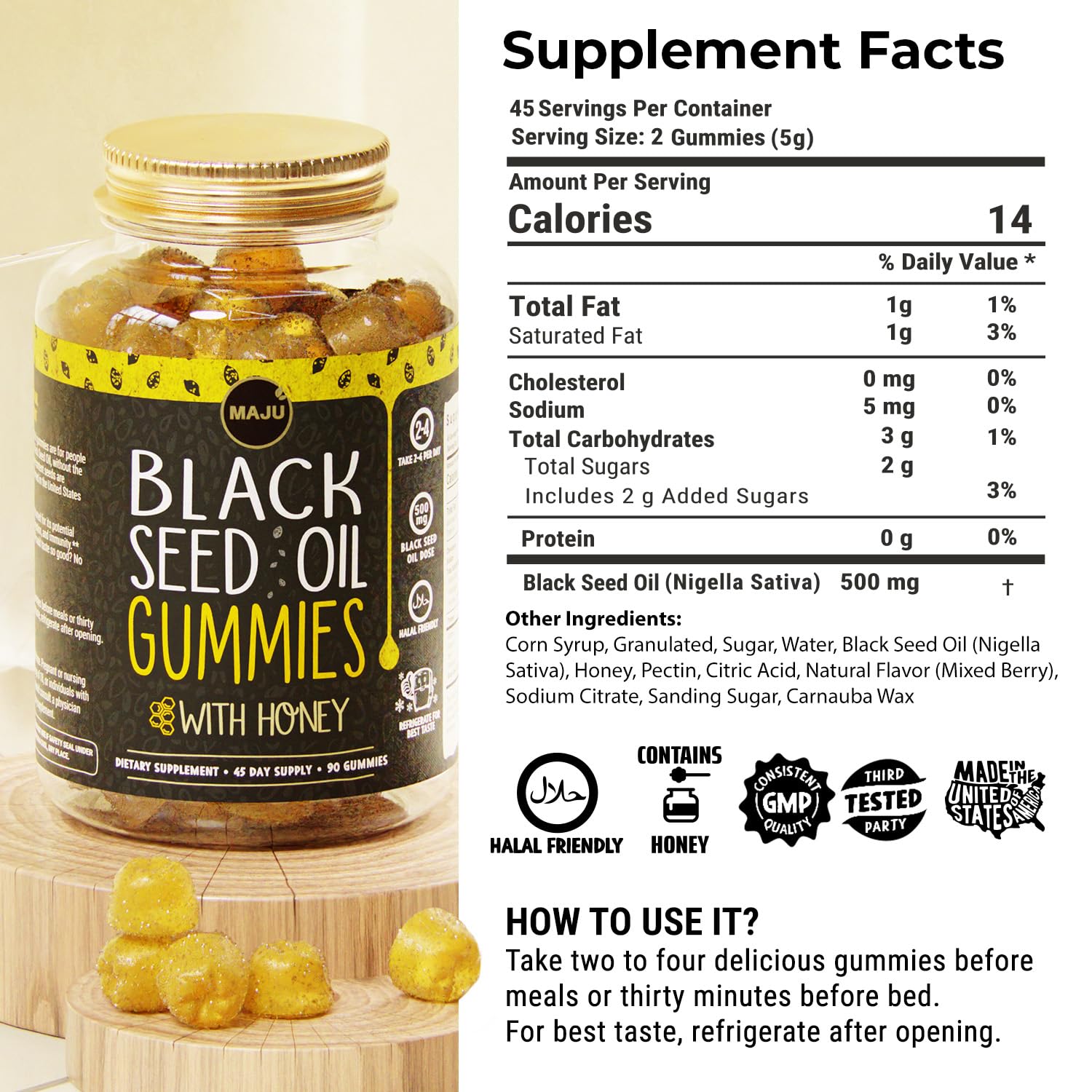 Maju Superfoods envase abierto con gominolas dispersas invitando a tomar
