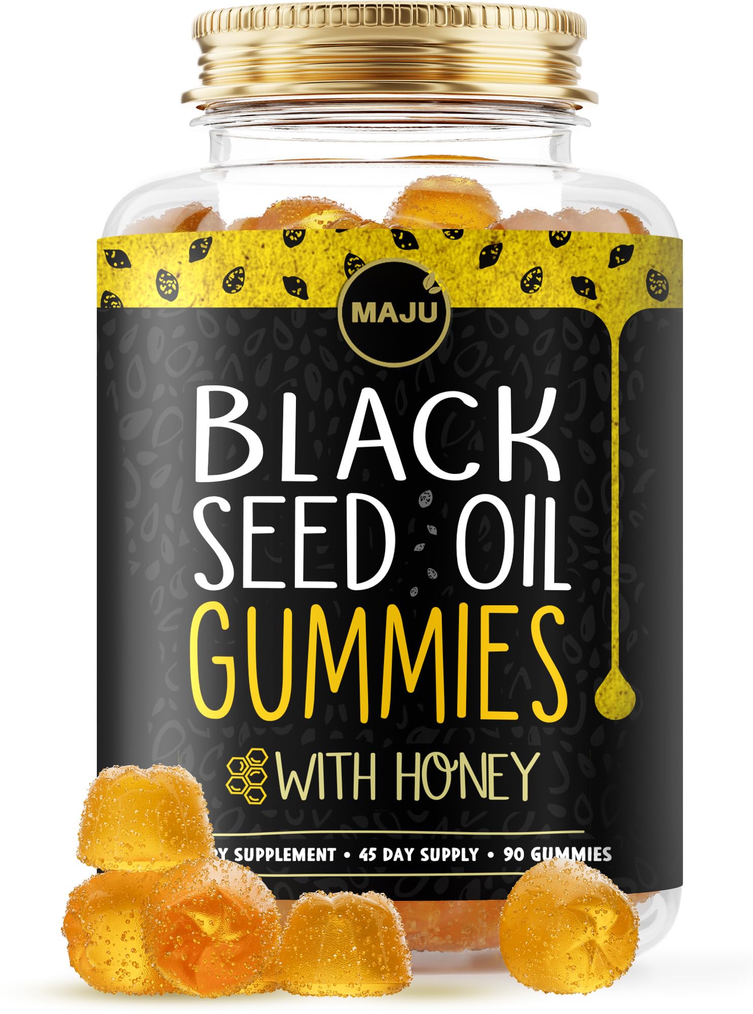 Maju Superfoods frasco frontal mostrando 90 gominolas y beneficios