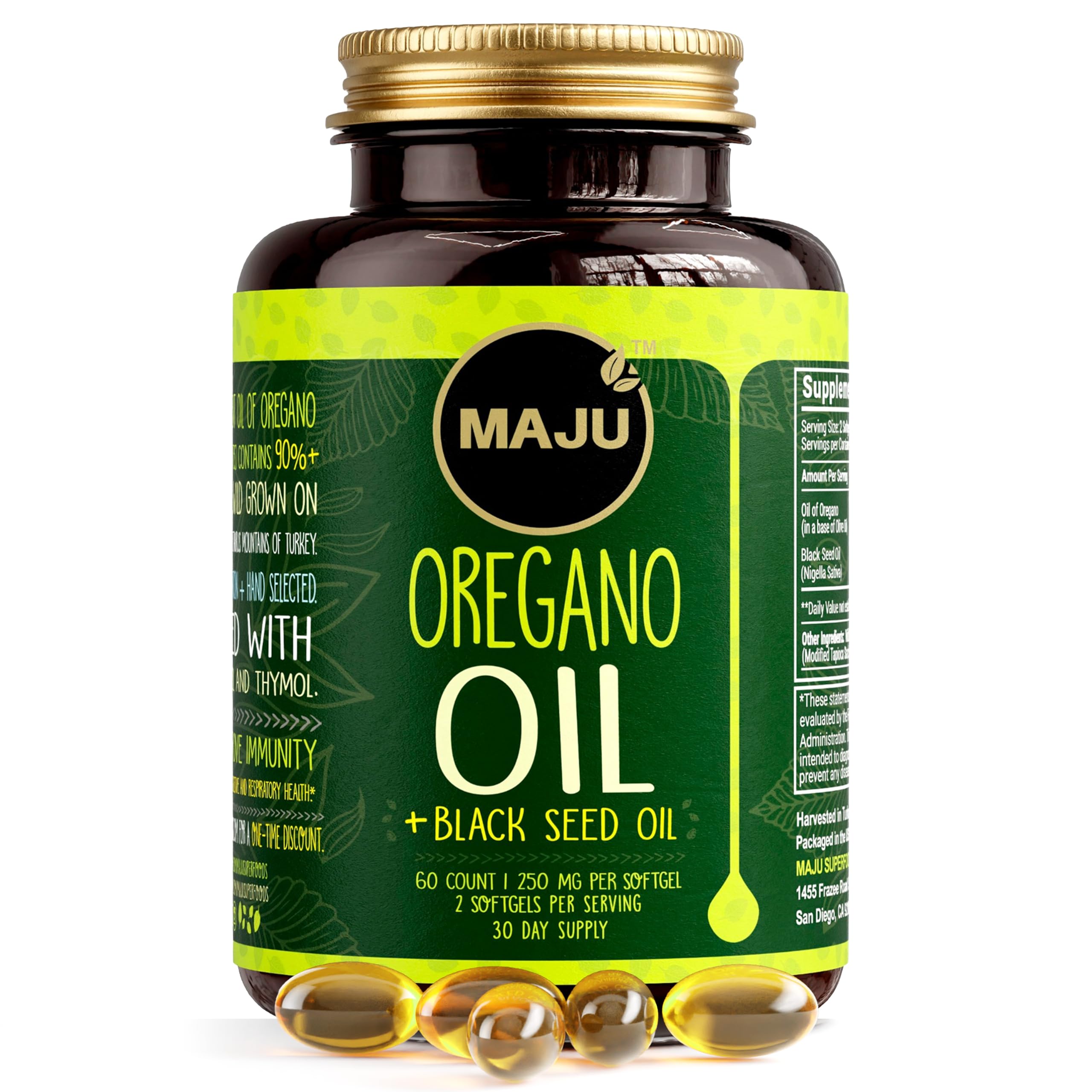 Maju Superfoods frasco frontal de cápsulas con ingredientes visibles y confianza