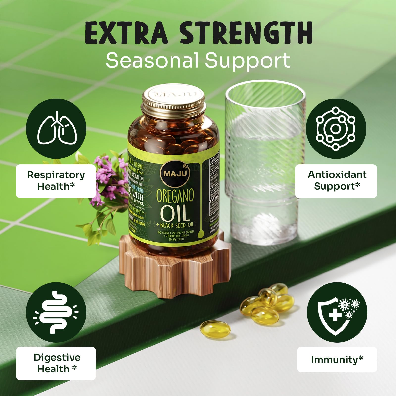 etiqueta Maju Oregano Oil Capsules cerca con información clara de dosificación
