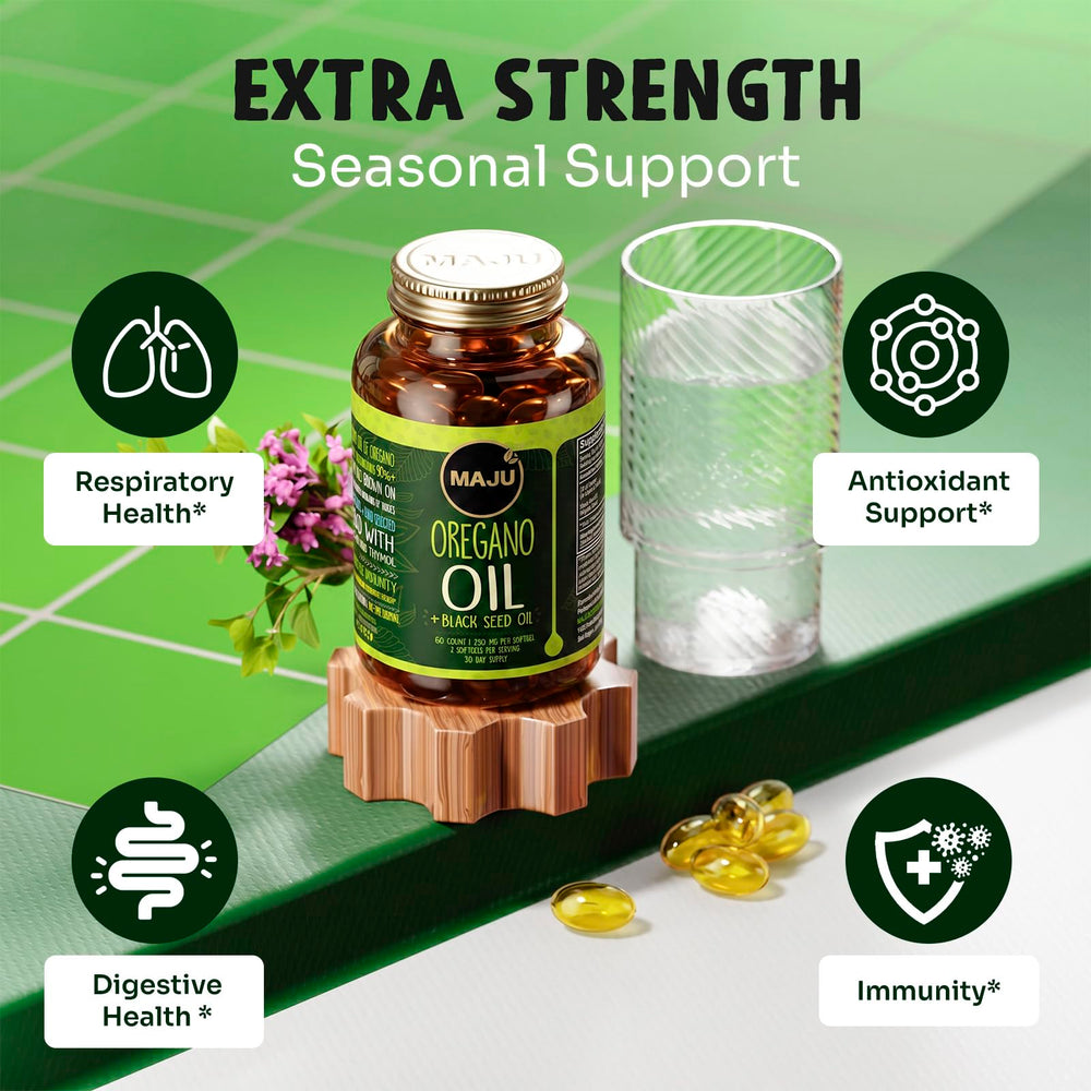etiqueta Maju Oregano Oil Capsules cerca con información clara de dosificación