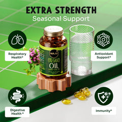 etiqueta Maju Oregano Oil Capsules cerca con información clara de dosificación
