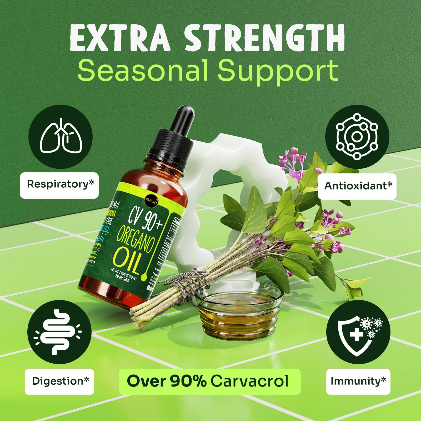 Maju Superfoods primer plano de la etiqueta con información de carvacrol certificado