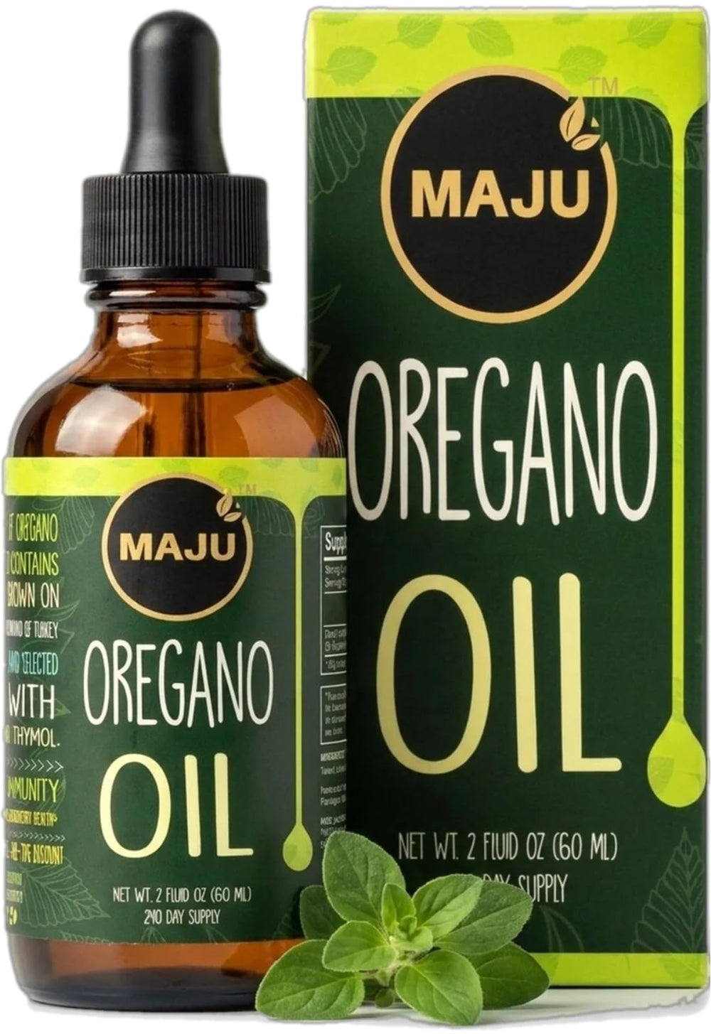 Maju Superfoods botella frontal del aceite de orégano mostrando etiqueta y capacidad