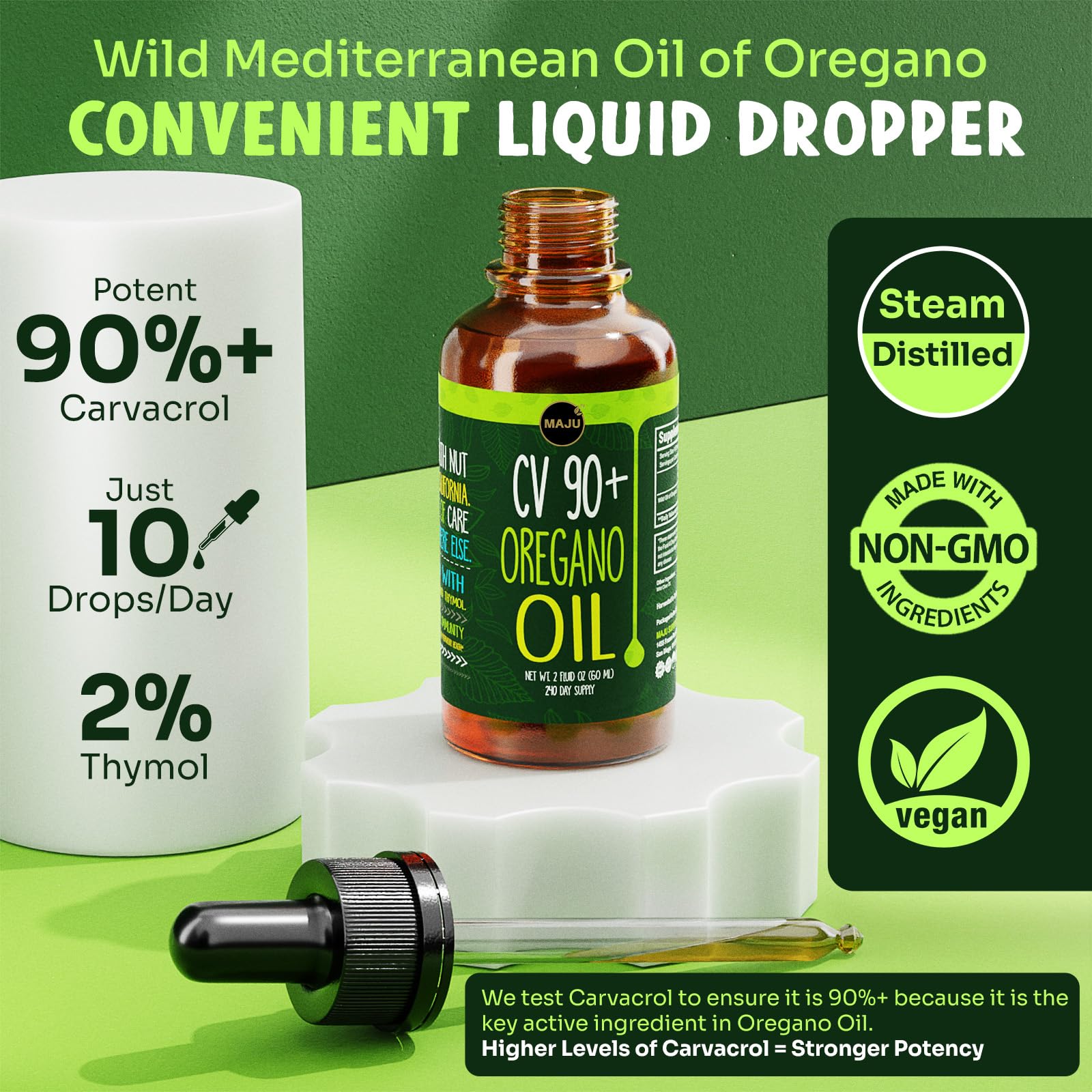 Maju Superfoods gotero vertiendo gotas para apreciar textura y dosificación fácil