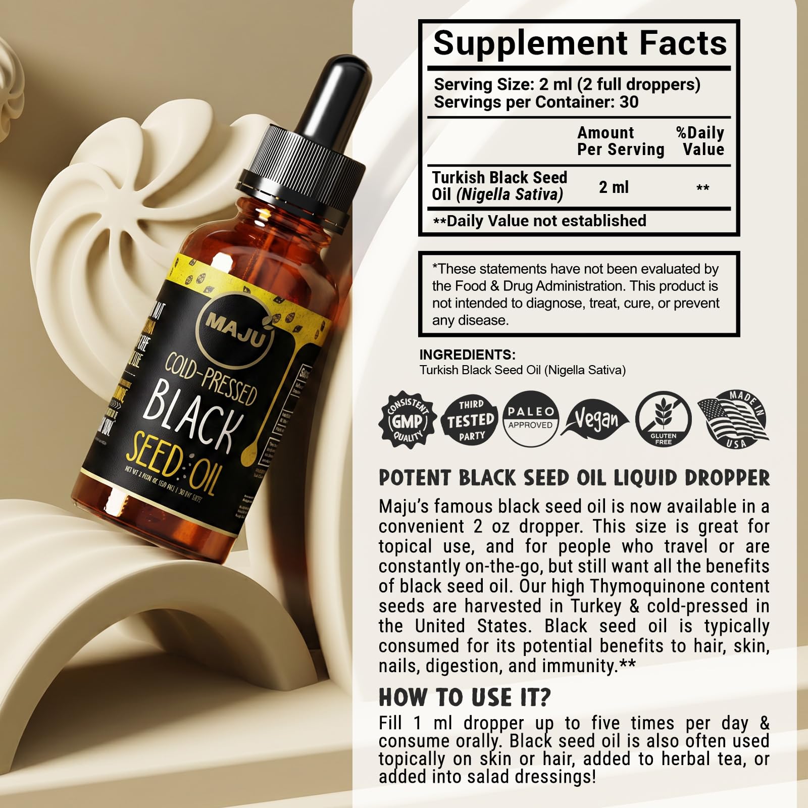 Maju Superfoods etiqueta con información de composición y origen turco