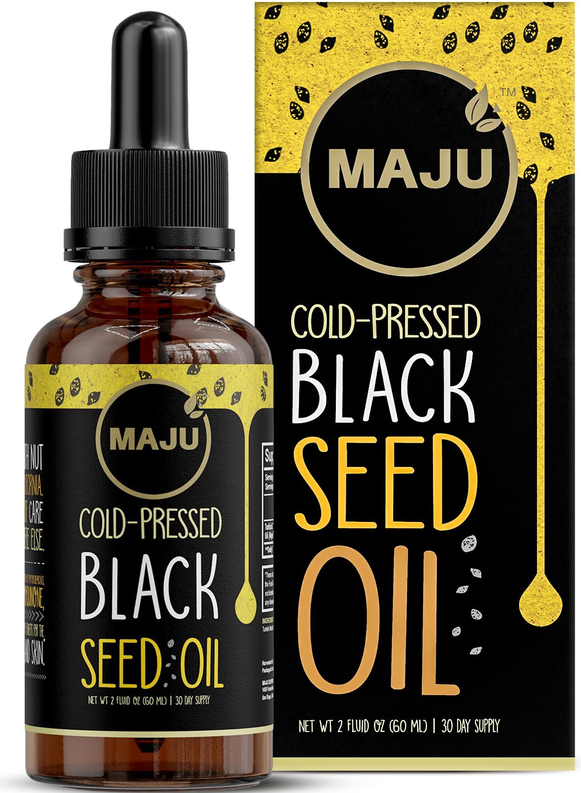 Maju Superfoods frasco frontal mostrando aceite y envase de vidrio protecto