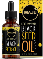Maju Superfoods frasco frontal mostrando aceite y envase de vidrio protecto
