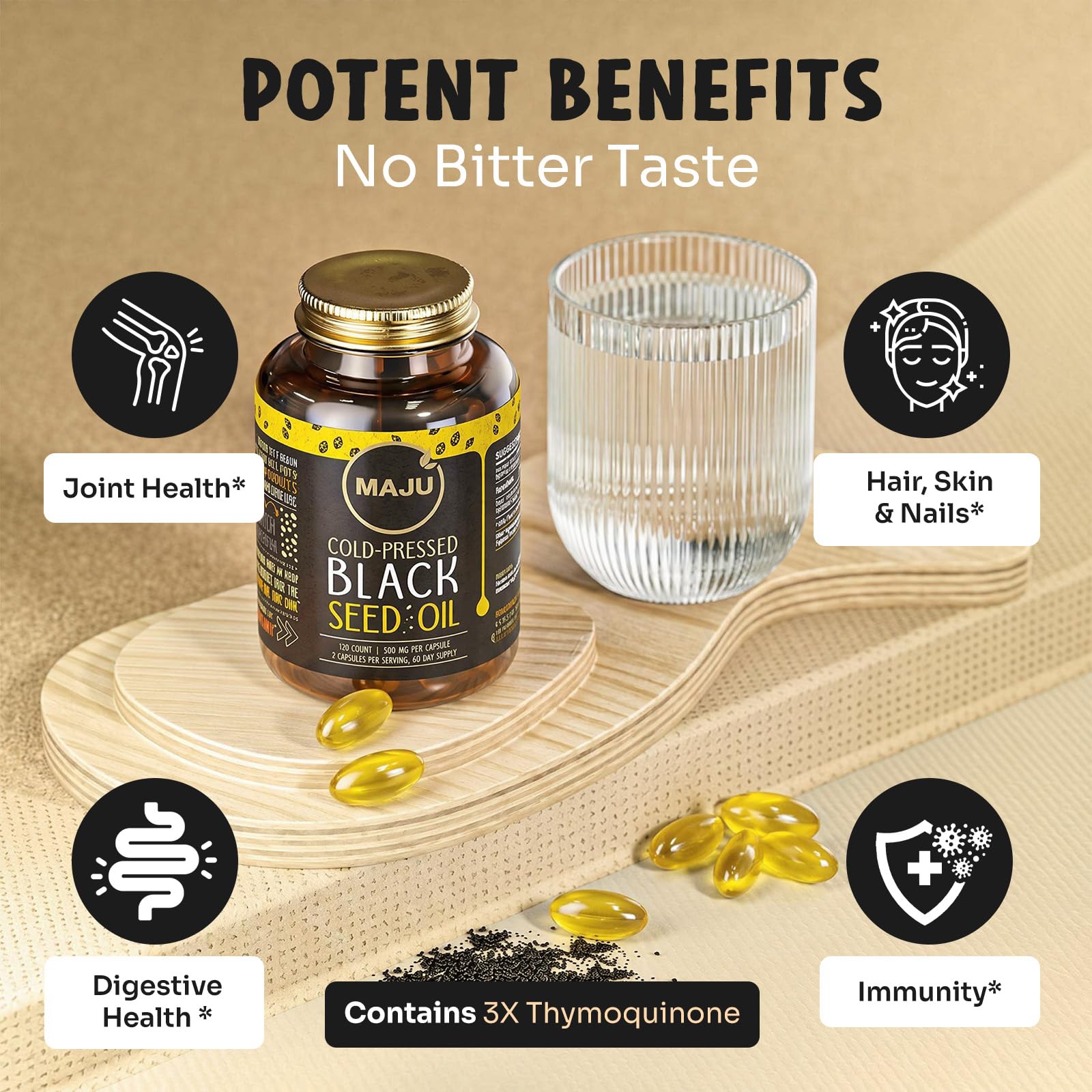Maju Superfoods etiqueta con origen Turquía y concentración 3X timoquinona