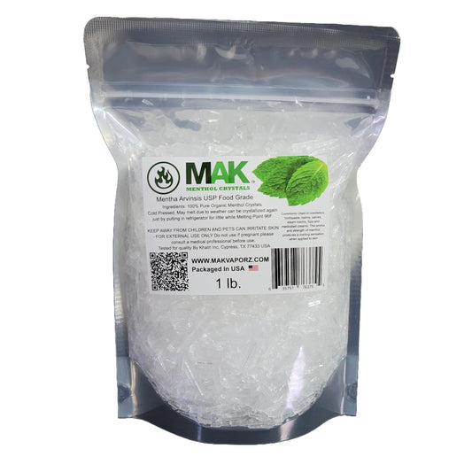 MAK empaque frontal de cristales de mentol muestra bolsa reusable y sello de frescura