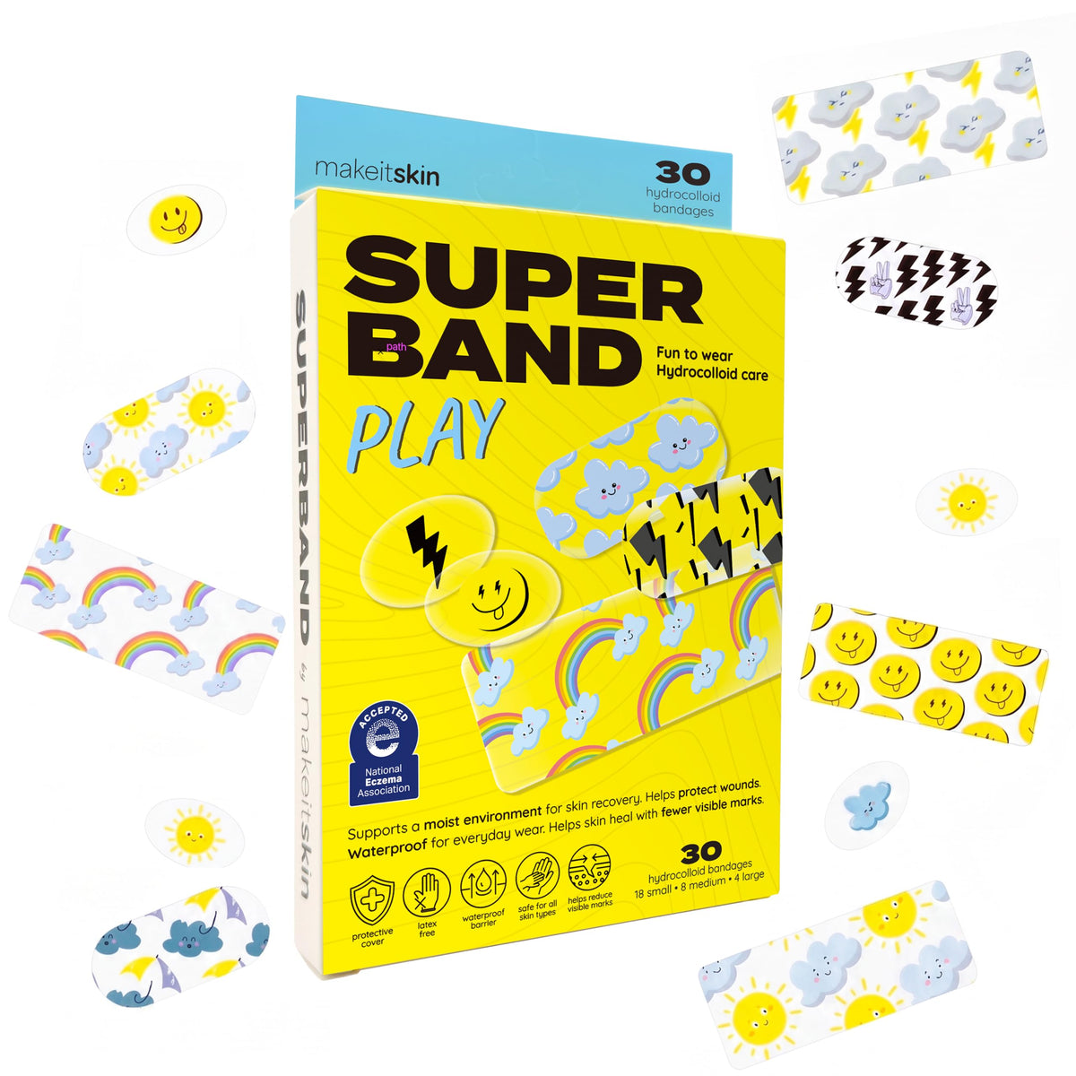 MakeItSkin empaque frontal de SUPERBAND Play mostrando variedad y diversión