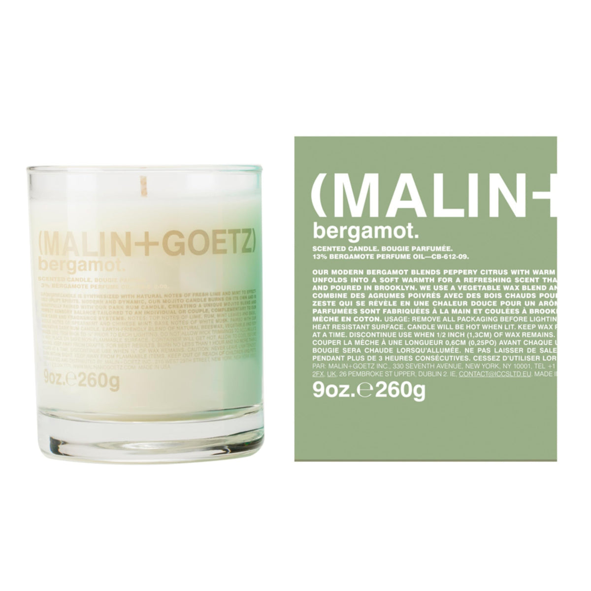 MALIN+GOETZ vela bergamot vista frontal, diseño minimalista y aroma brillante