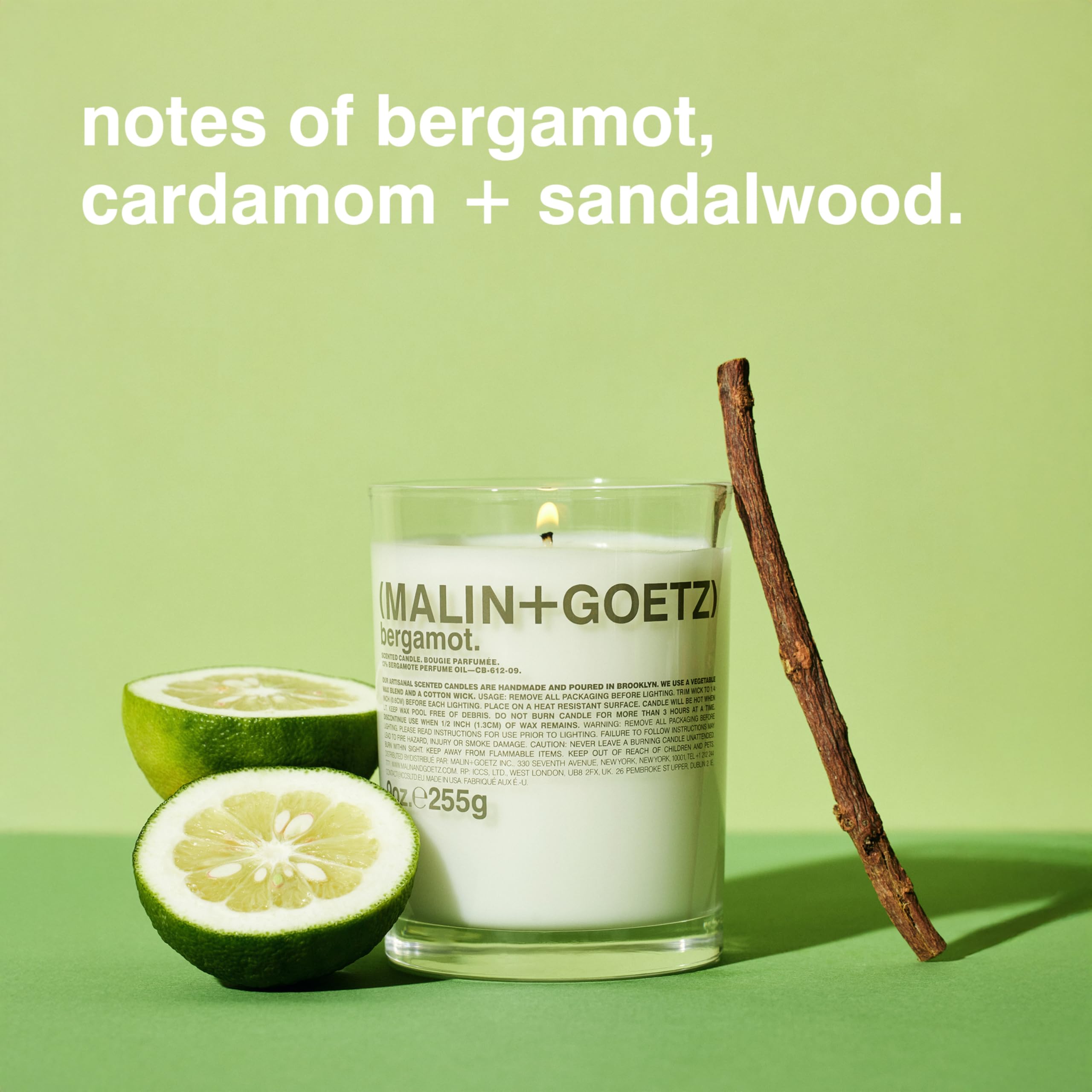 MALIN+GOETZ vela bergamot primer plano de la cera, combustión limpia y suave
