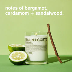 MALIN+GOETZ vela bergamot primer plano de la cera, combustión limpia y suave