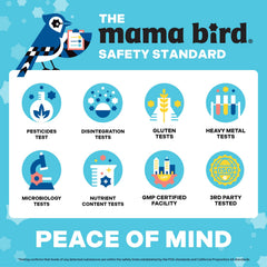 Mama Bird detalle de colina y vitaminas B destacando soporte cerebral