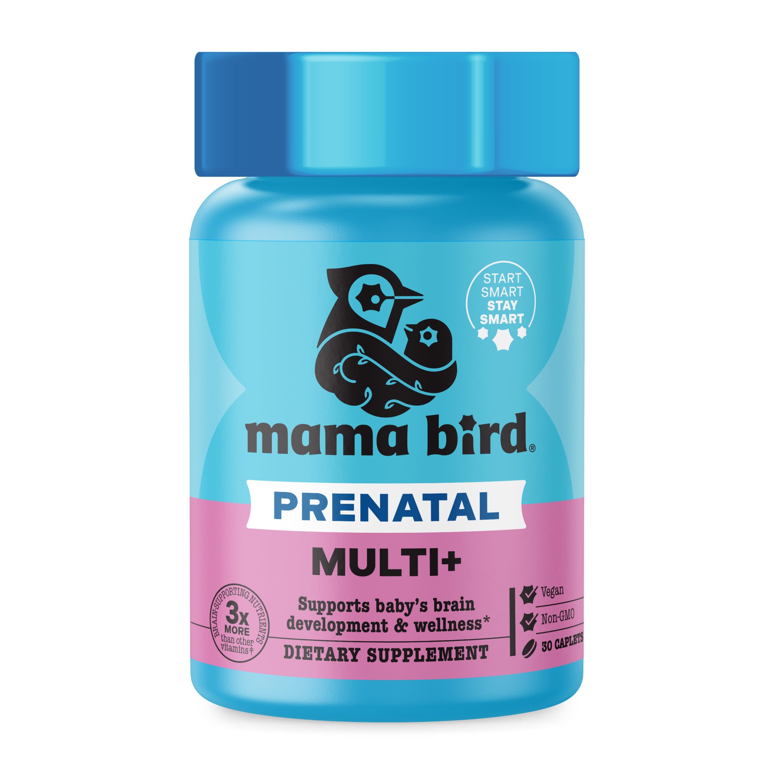 Mama Bird frasco delantero mostrando etiqueta clara y cantidad de 30 caplets