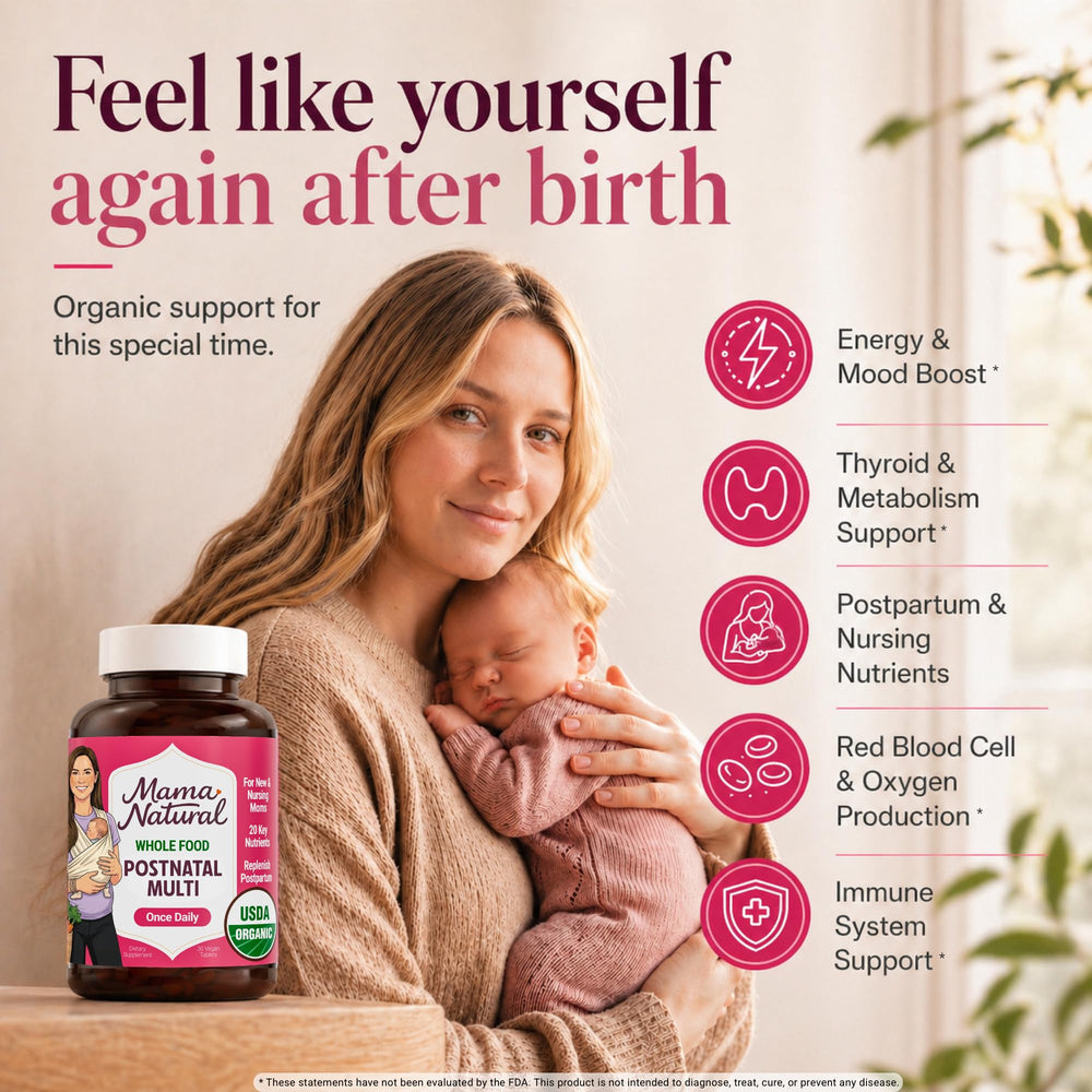 Mama Natural etiqueta con lista de ingredientes orgánicos y ventajas claras