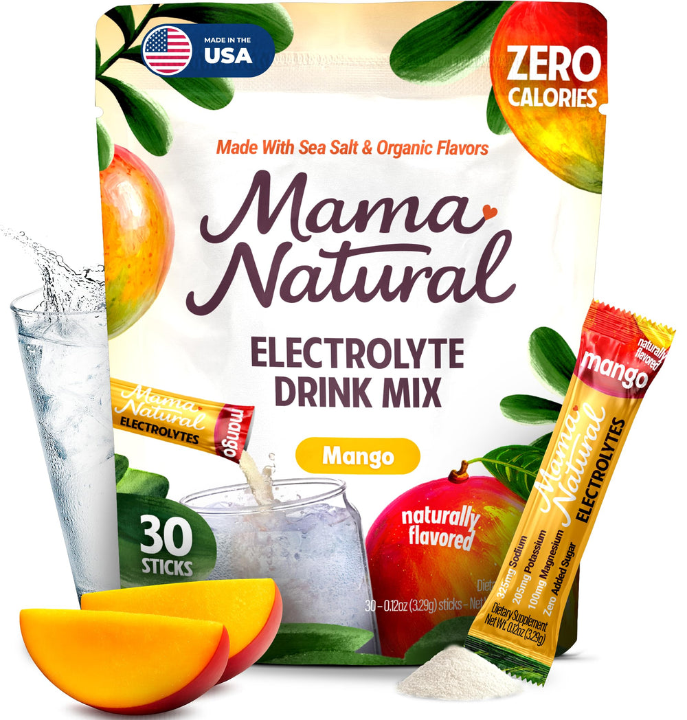 Mama Natural frente del empaque mostrando 30 sobres y beneficio de portabilidad