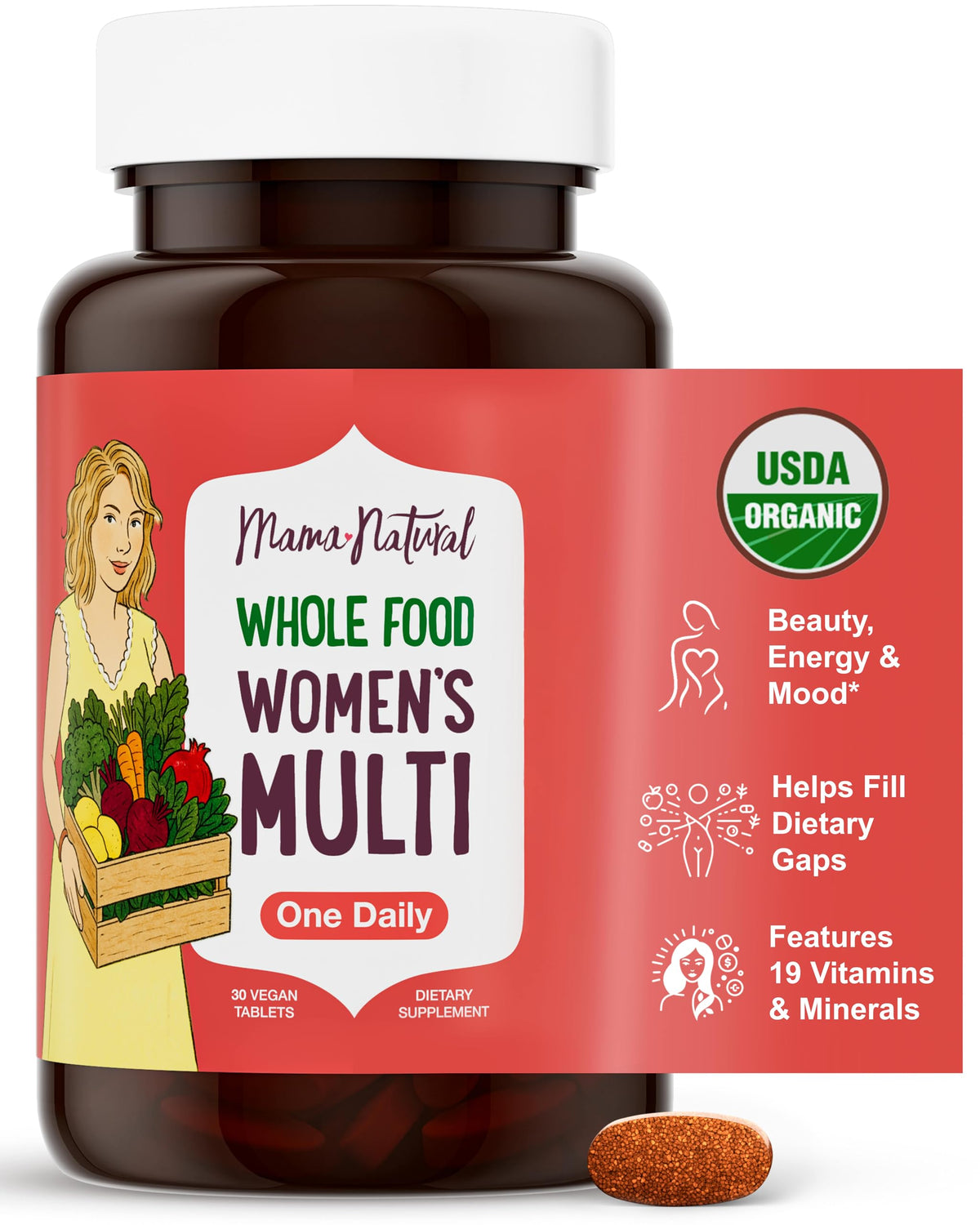 Mama Natural frente del envase mostrando sello USDA Organic y ventaja de limpieza