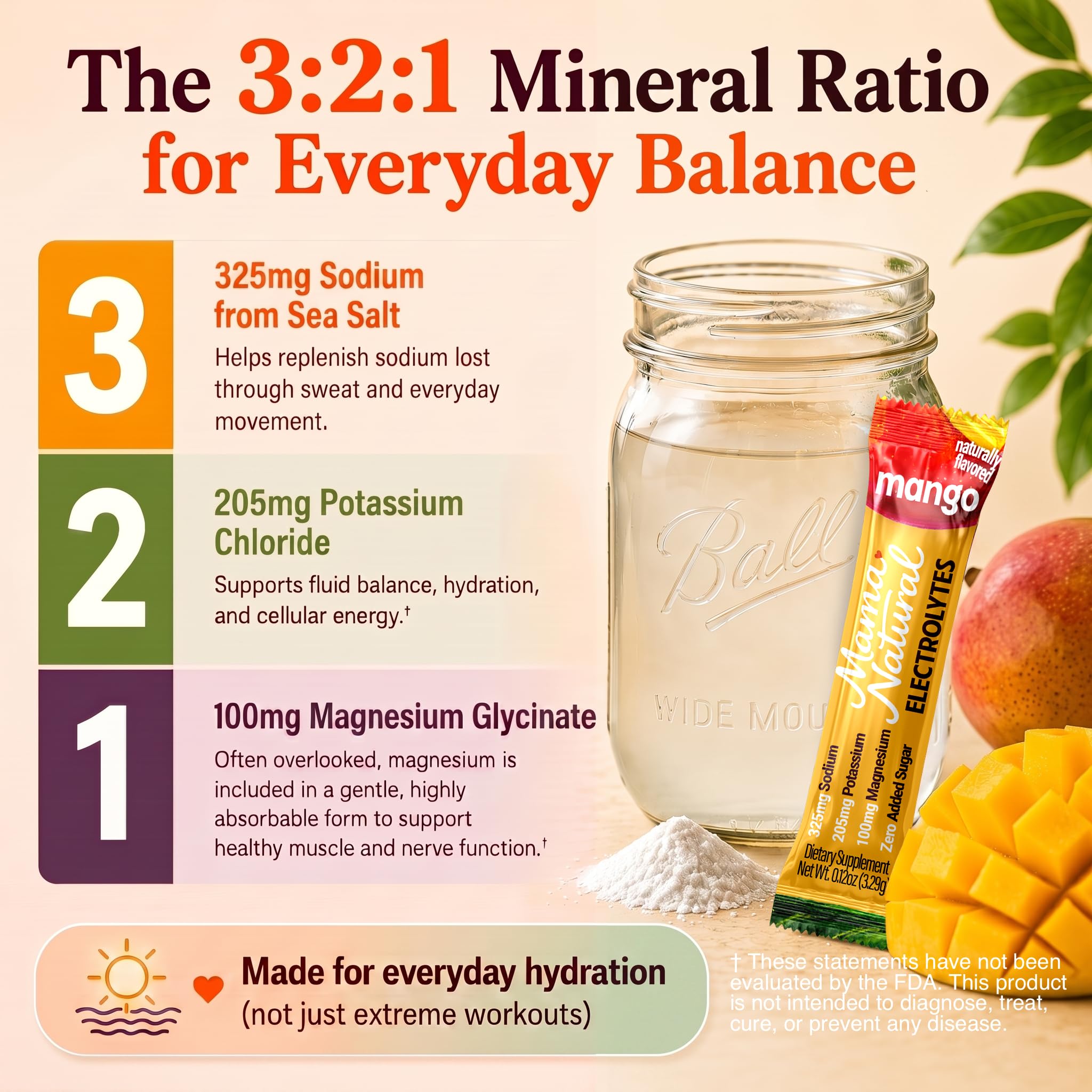 Mama Natural mezcla disuelta en vaso con agua, hidratación rápida y refrescante