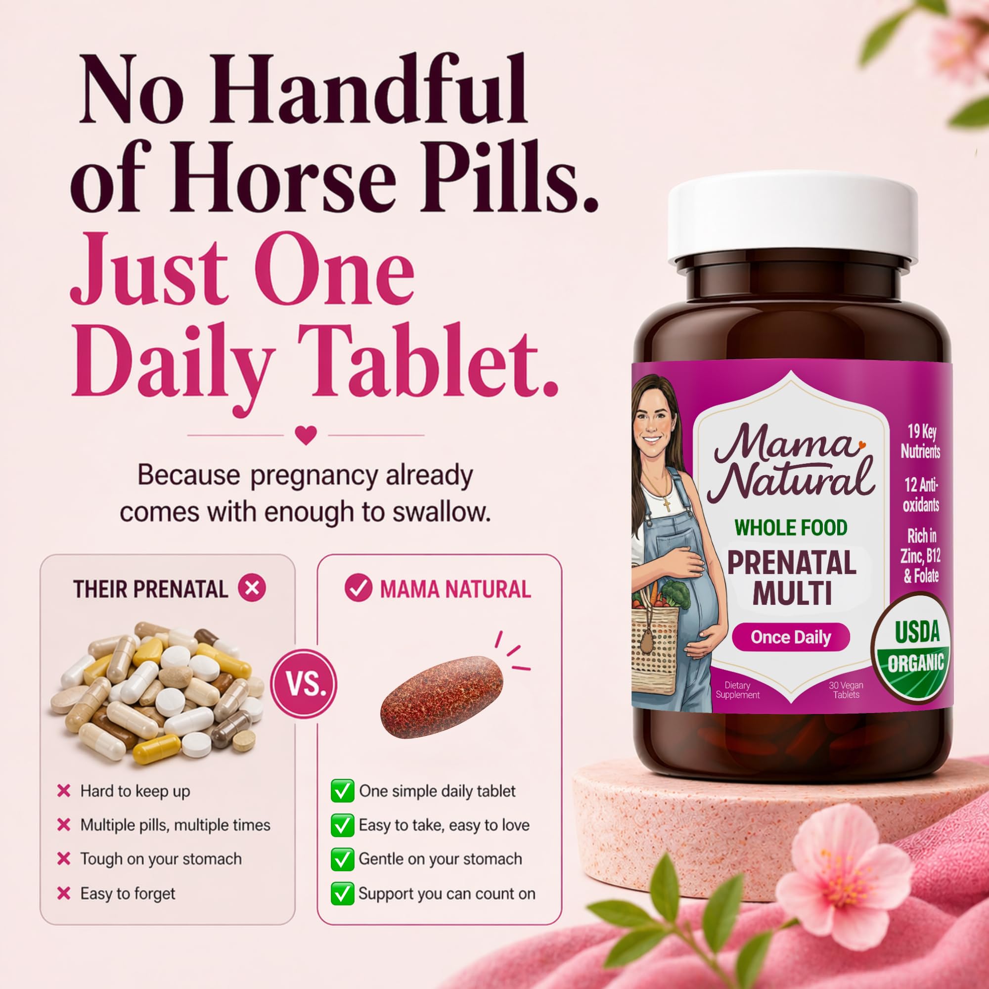 Mama Natural tableta en mano para comparar tamaño y facilidad