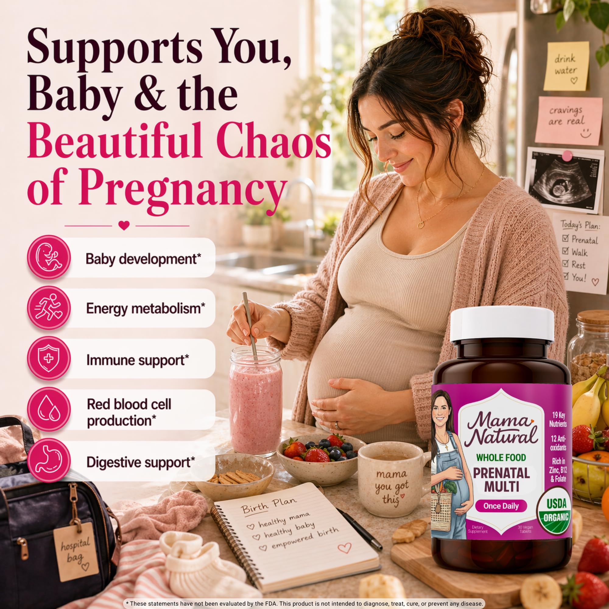 Mama Natural mujer embarazada tomando una tableta con comodidad