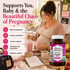 Mama Natural mujer embarazada tomando una tableta con comodidad