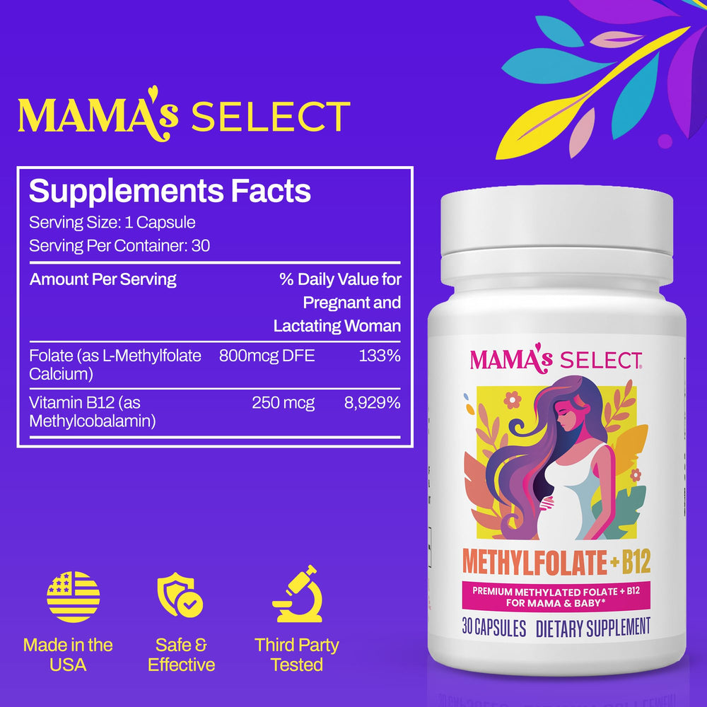 Mama's Select detalle de etiqueta con información de folato activo