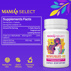 Mama's Select detalle de etiqueta con información de folato activo