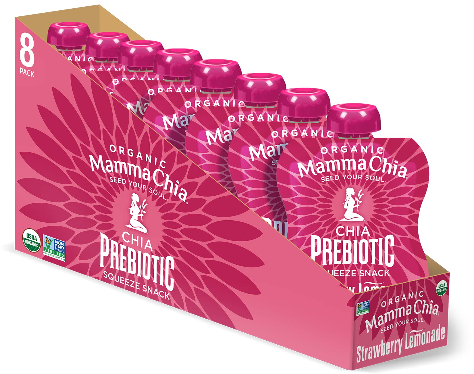 Mamma Chia pouch frontal mostrando diseño y sabor fresa limón, práctico y orgánico