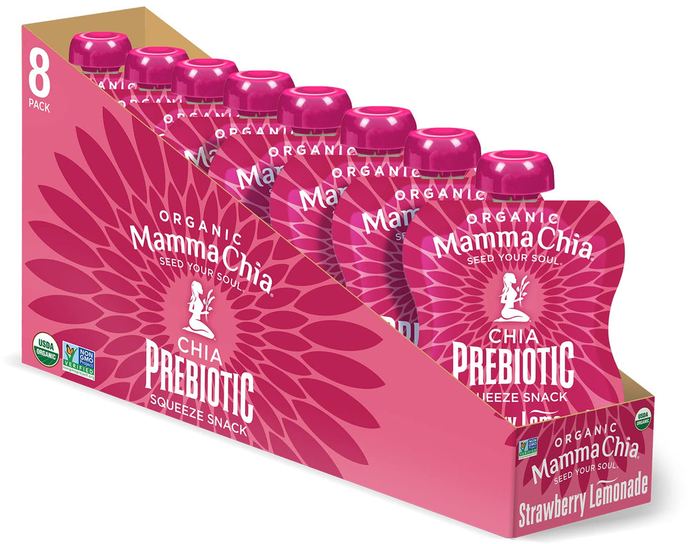 Mamma Chia pouch frontal mostrando diseño y sabor fresa limón, práctico y orgánico